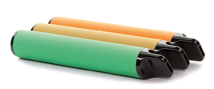 Pictured are assorted disposable e-cigarettes, isolated on a white background 