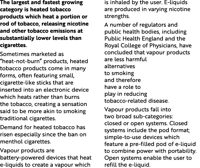 The largest and fastest growing category is heated tobacco products which heat a portion or rod of tobacco, releasing   