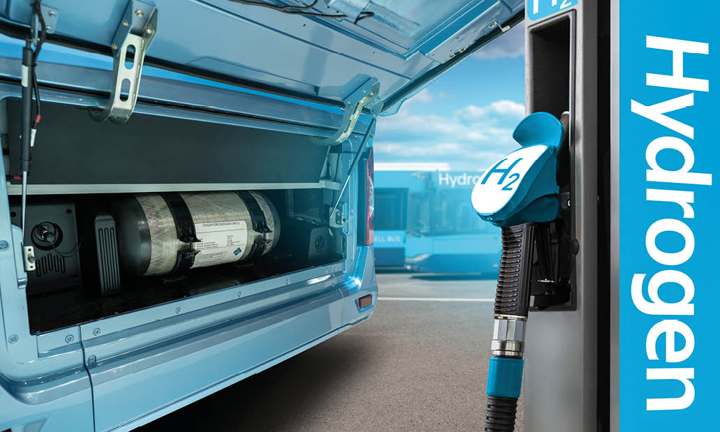 Hydrogen gas station and bus with an open hood and a hydrogen cylinder inside  Clean mobility concept