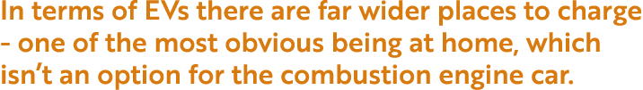 In terms of EVs there are far wider places to charge - one of the most obvious being at home, which isn t an option f   