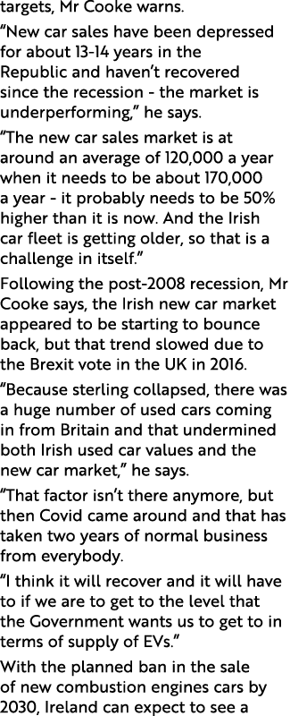 targets, Mr Cooke warns   New car sales have been depressed for about 13-14 years in the Republic and haven t recover   