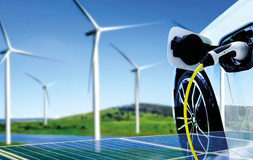 EV charging station for electric car in concept of green sustainable energy produced from renewable resources to supply to charger station in order to reduce CO2 emission  