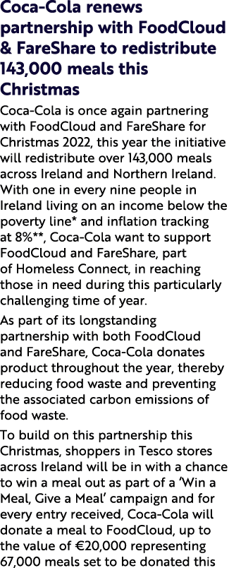 Coca Cola renews partnership with FoodCloud & FareShare to redistribute 143,000 meals this Christmas Coca Cola is onc...