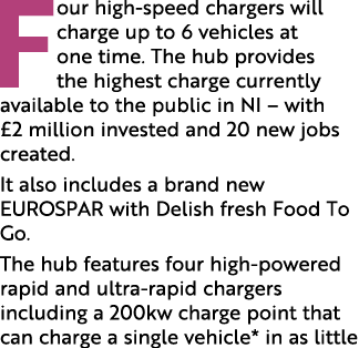Four high speed chargers will charge up to 6 vehicles at one time. The hub provides the highest charge currently avai...