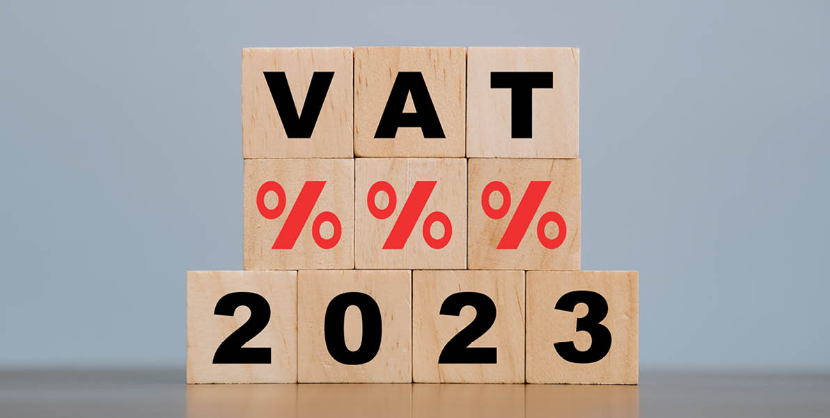 2023 vat concept, paying taxes, 2023, paying vat rates, collecting taxes, vat burden icon on wooden block.