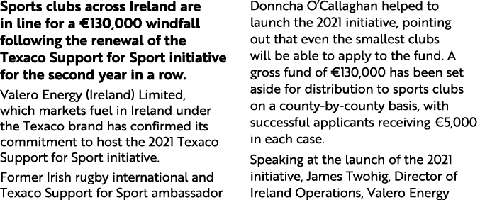 Sports clubs across Ireland are in line for a  130,000 windfall following the renewal of the Texaco Support for Sport   