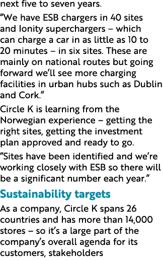 next five to seven years   We have ESB chargers in 40 sites and Ionity superchargers   which can charge a car in as l   