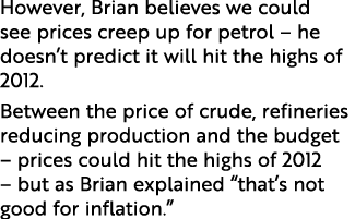 However, Brian believes we could see prices creep up for petrol   he doesn t predict it will hit the highs of 2012  B   