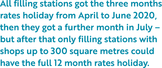 All filling stations got the three months rates holiday from April to June 2020, then they got a further month in Jul   