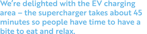 We re delighted with the EV charging area   the supercharger takes about 45 minutes so people have time to have a bit   