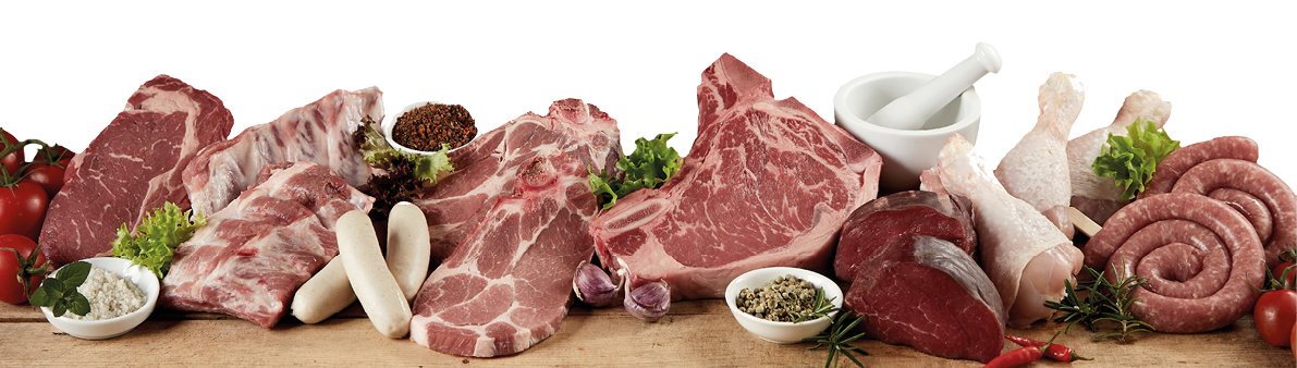 Large variety of fresh raw meat for a barbecue with beef steak, sausage, chicken, pork, spare ribs and nackensteak displayed with herbs in a panorama banner suitable for butchery advertising
