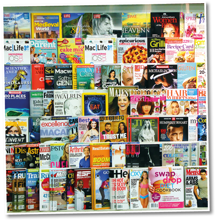 TORONTO, CANADA - MAY 07, 2014: Magazines on display in a store in Toronto, Ontario, Canada. There are more than 1300 English and French magazines that are published in Canada.