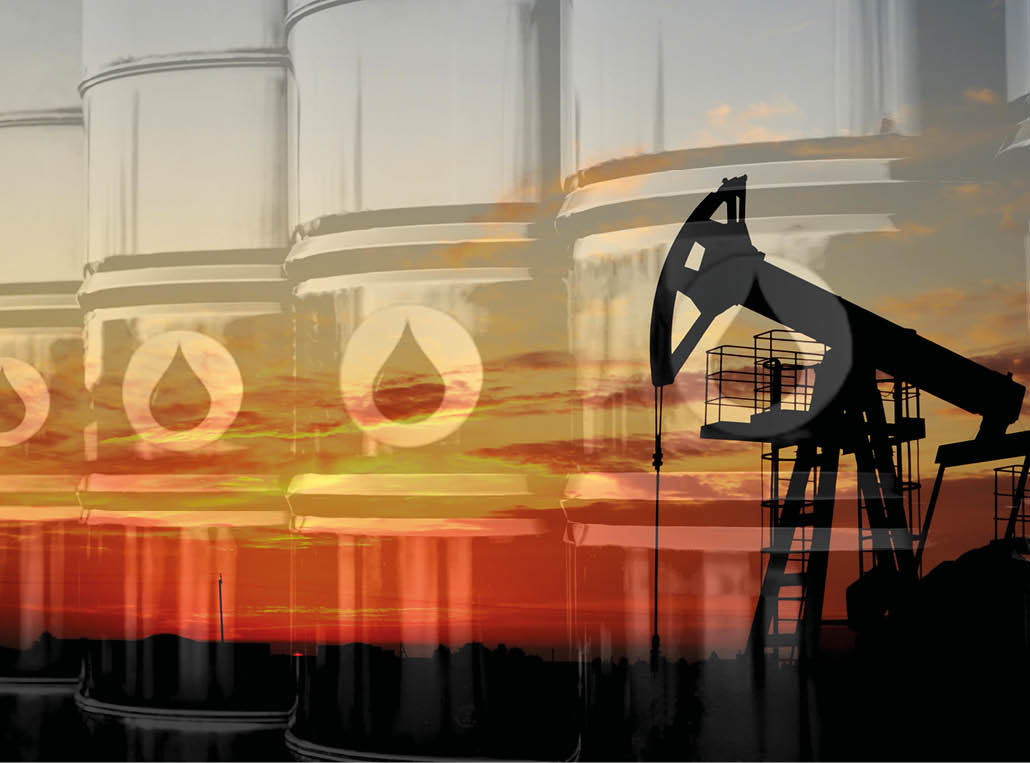 Crude mining concept and graph of falling oil prices on the trading exchange. Crude oil pump jack at oilfield on sunset backround. Fossil crude output and fuels oil production. Oil drill rig