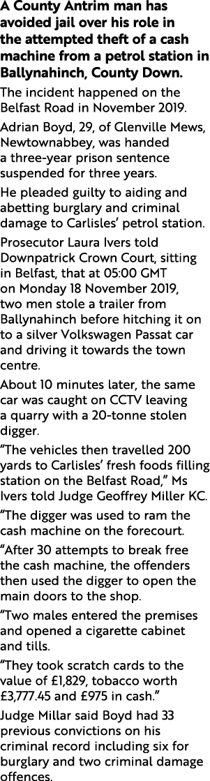 A County Antrim man has avoided jail over his role in the attempted theft of a cash machine from a petrol station in ...