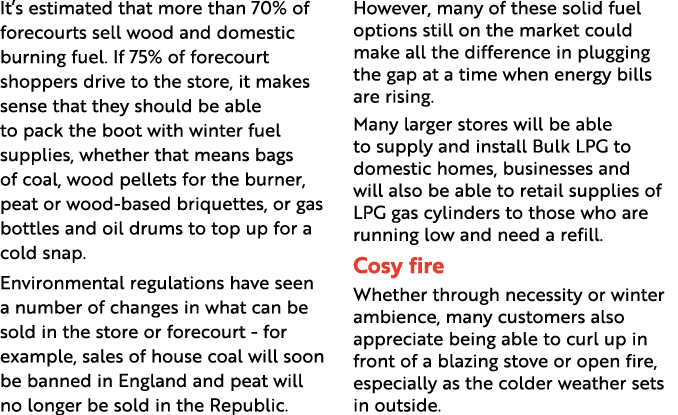 It’s estimated that more than 70% of forecourts sell wood and domestic burning fuel. If 75% of forecourt shoppers dri...