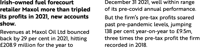 Irish-owned fuel forecourt retailer Maxol more than tripled its profits in 2021, new accounts show. Revenues at Maxol...