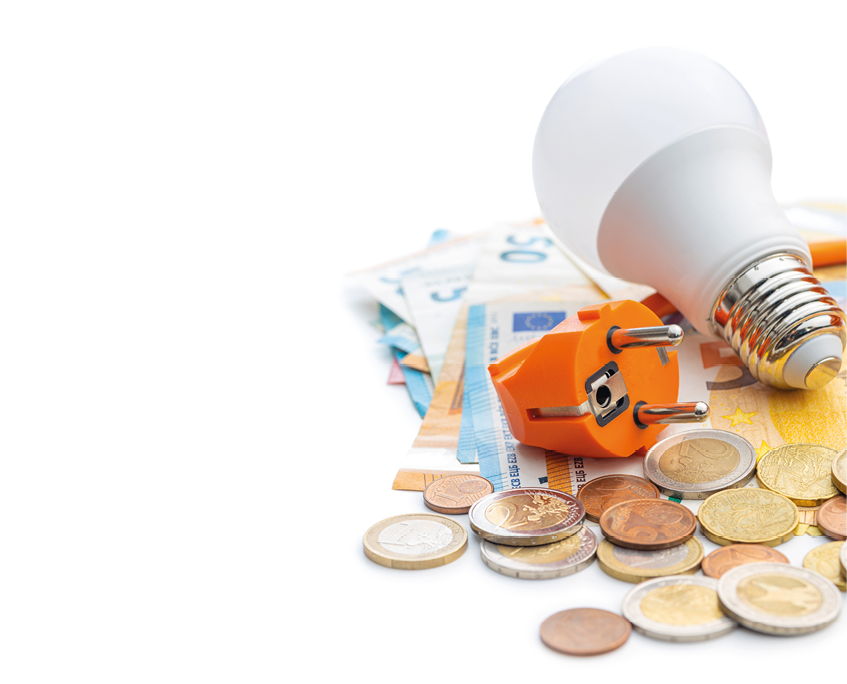 Electric plug, light bulb and the euro money isolated on white background. Concept of increasing electricity prices.