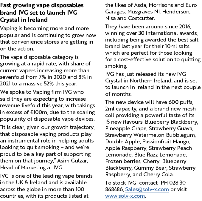 Fast growing vape disposables brand IVG set to launch IVG Crystal in Ireland Vaping is becoming more and more popular...