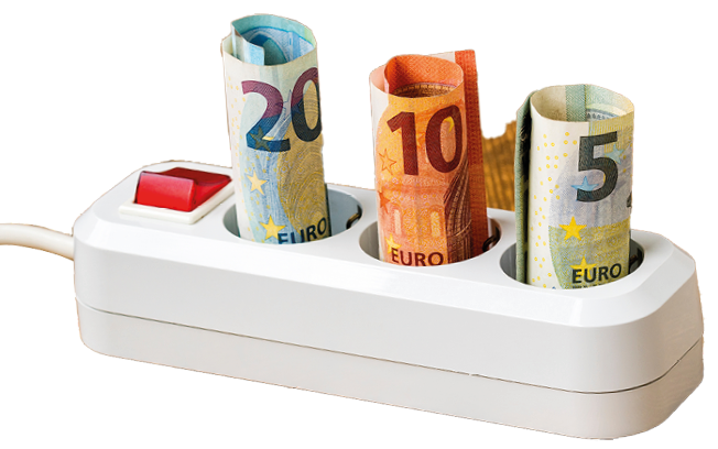 Rising energy costs concept. Euro money banknotes plugged into a white power strip. High energy costs in Europe. Electricity bill payment.