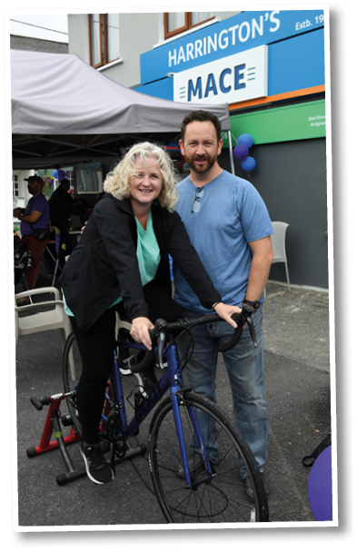 19-8-2022: Joanne and Darren Cassidy from Canfie, Ardgroom taking part in the 'Tour De MACE' charity cycle in aid of Down Syndrome Ireland at the opening of the newly renovated Harrington's MACE Store in Ardgroom, West Cork on Friday. Photo: Don MacMonagle repro free photo from MACE