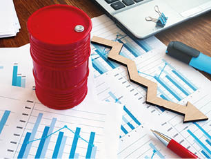 Oil price falling concept. Stock exchange data and downing arrow.