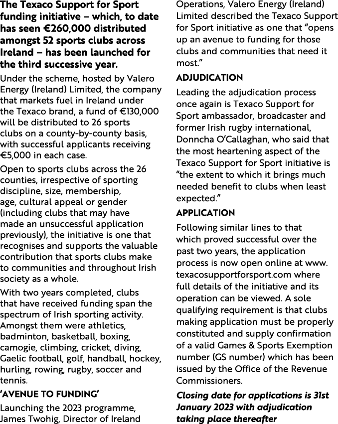 The Texaco Support for Sport funding initiative – which, to date has seen €260,000 distributed amongst 52 sports club...