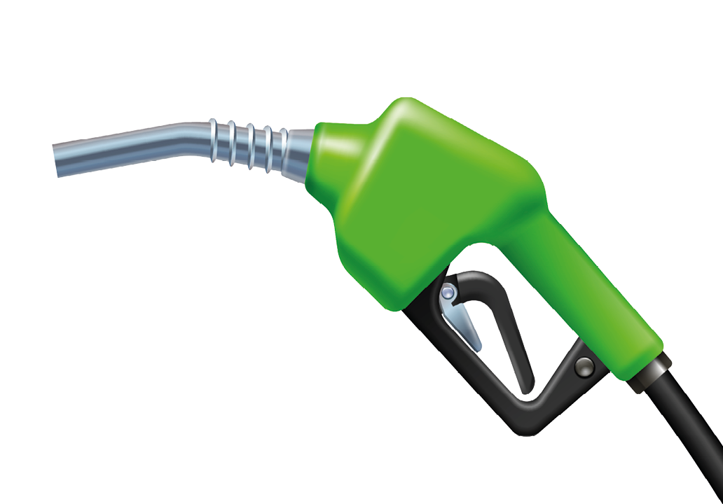 Drop like a green leaf dripping from Fuel handle pump nozzle with hose. Bio fuel icon. Green eco fuel pump. Petrol station sign. Ecological fuel concept. Vector illustration.