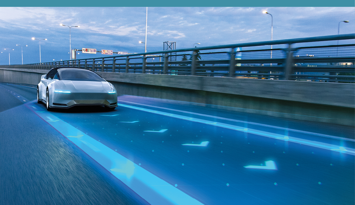 Autonomous Self-Driving 3D Car Moving Through City Highway. VFX Visualization Concept: Software Sensor Scanning Road Ahead for Vehicles, Danger, Speed Limits. Day Urban Driveway. Front Following View