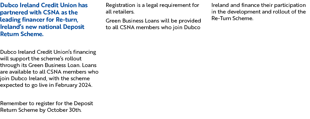 Dubco Ireland Credit Union has partnered with CSNA as the leading financer for Re turn, Ireland’s new national Deposi...