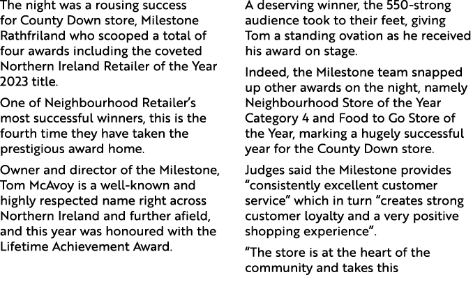 The night was a rousing success for County Down store, Milestone Rathfriland who scooped a total of four awards inclu...