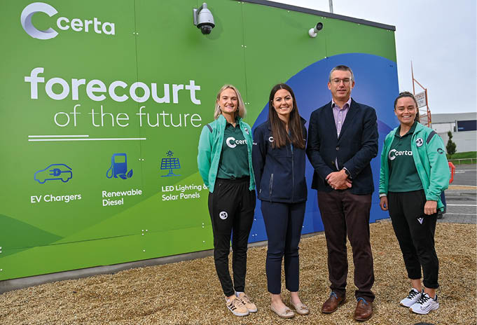 28 September 2023; Certa, Ireland’s largest fuel supplier, has opened Ireland’s first HVO biofuel station in Liffey Valley. Hydrotreated Vegetable Oil (HVO), which is produced from waste plant matter, is available at all pumps alongside diesel and unleaded petrol at the new forecourt. HVO can be used as a direct replacement for diesel without any need for vehicle or engine modifications to help motorists lower their carbon emissions by up to 90%. Certa operates 41 unmanned pay@pump forecourts and plans to roll out its HVO offering across its network. For more information visit: www.certaireland.ie. In attendance is Andrew Graham, Managing Director, Certa and Certa Head of Retail Grace Cunningham, centre, with Ireland Women's Cricket players and Certa brand ambassadors Gaby Lewis, left, and Laura Delany. Photo by David Fitzgerald/Sportsfile *** NO REPRODUCTION FEE ***