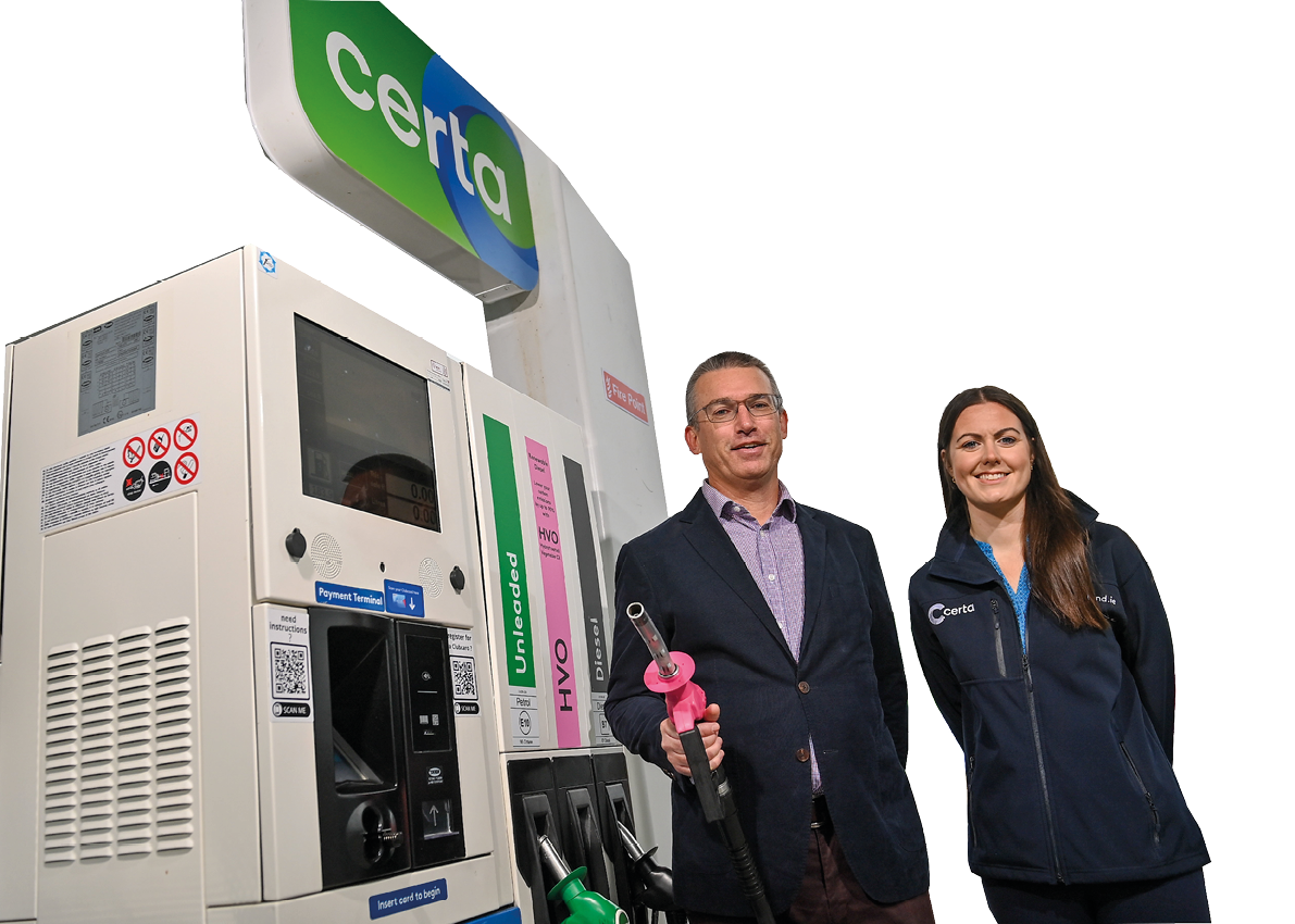 28 September 2023; Certa, Ireland’s largest fuel supplier, has opened Ireland’s first HVO biofuel station in Liffey Valley. Hydrotreated Vegetable Oil (HVO), which is produced from waste plant matter, is available at all pumps alongside diesel and unleaded petrol at the new forecourt. HVO can be used as a direct replacement for diesel without any need for vehicle or engine modifications to help motorists lower their carbon emissions by up to 90%. Certa operates 41 unmanned pay@pump forecourts and plans to roll out its HVO offering across its network. For more information visit: www.certaireland.ie. In attendance are Andrew Graham, Managing Director, Certa and Certa Head of Retail Grace Cunningham. Photo by David Fitzgerald/Sportsfile *** NO REPRODUCTION FEE ***