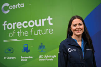 28 September 2023; Certa, Ireland’s largest fuel supplier, has opened Ireland’s first HVO biofuel station in Liffey Valley. Hydrotreated Vegetable Oil (HVO), which is produced from waste plant matter, is available at all pumps alongside diesel and unleaded petrol at the new forecourt. HVO can be used as a direct replacement for diesel without any need for vehicle or engine modifications to help motorists lower their carbon emissions by up to 90%. Certa operates 41 unmanned pay@pump forecourts and plans to roll out its HVO offering across its network. For more information visit: www.certaireland.ie. In attendance is Certa Head of Retail Grace Cunningham. Photo by David Fitzgerald/Sportsfile *** NO REPRODUCTION FEE ***