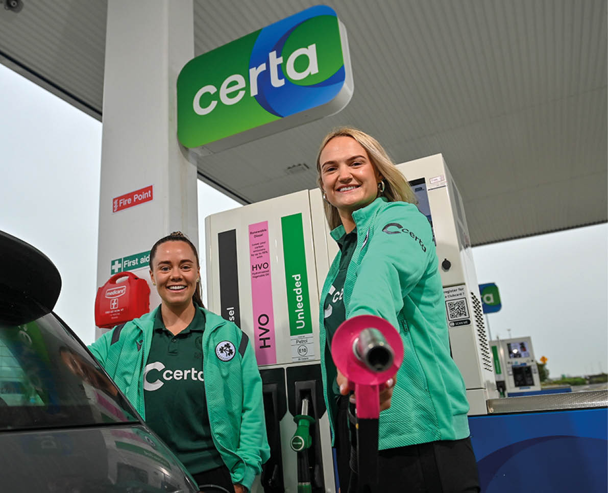 28 September 2023; Certa, Ireland’s largest fuel supplier, has opened Ireland’s first HVO biofuel station in Liffey Valley. Hydrotreated Vegetable Oil (HVO), which is produced from waste plant matter, is available at all pumps alongside diesel and unleaded petrol at the new forecourt. HVO can be used as a direct replacement for diesel without any need for vehicle or engine modifications to help motorists lower their carbon emissions by up to 90%. Certa operates 41 unmanned pay@pump forecourts and plans to roll out its HVO offering across its network. For more information visit: www.certaireland.ie. In attendance are Ireland Women's Cricket players and Certa brand ambassadors Laura Delany, left, and Gaby Lewis. Photo by David Fitzgerald/Sportsfile *** NO REPRODUCTION FEE ***