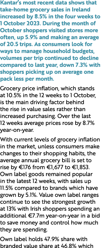 Kantar’s most recent data shows that take home grocery sales in Ireland increased by 8.5% in the four weeks to 1 Octo...