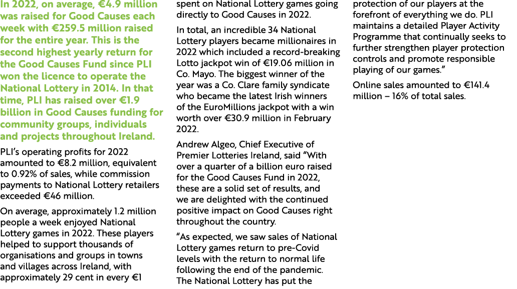 In 2022, on average, €4.9 million was raised for Good Causes each week with €259.5 million raised for the entire year...