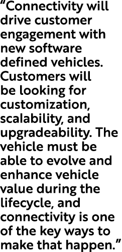 “Connectivity will drive customer engagement with new software defined vehicles. Customers will be looking for custom...