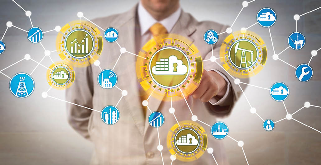 Unrecognizable corporate data operator is managing energy infrastructure via networked cloud container architecture. Information technology concept for microservices approach and containerization.