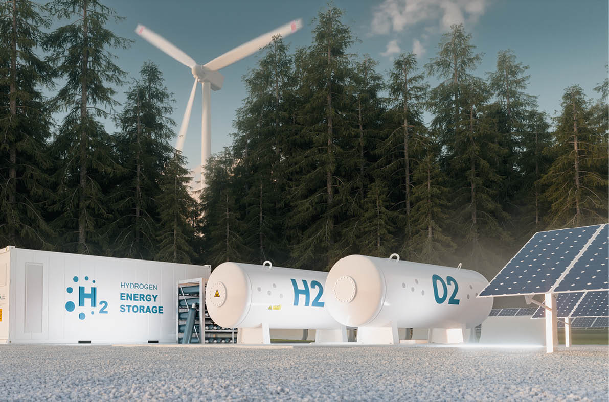 Concept of hydrogen energy storage from renewable sources - wind turbines and photovoltaics. 3d rendering