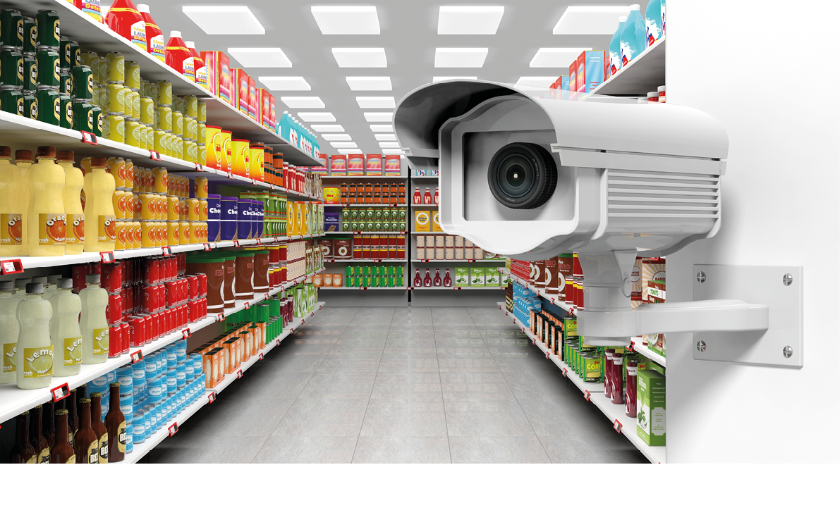 3D rendering of surveillance camera in supermarket.