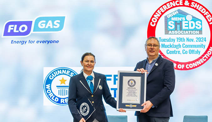 REPRO FREE ***PRESS RELEASE NO REPRODUCTION FEE*** EDITORIAL USE ONLY The Irish Men’s Shed Association Sponsored by Flogas Achieve Official Guinness World Record for the Largest Display of Kettles 19/11/2024 The Irish Men’s Shed Association, sponsored by energy company Flogas, have successfully achieved the official Guinness World Record for the Largest Display of Kettles. Kettles are the most important tool in supporting social connection and mental wellbeing for ‘Shedders’. Over one thousand new and old kettles in working order collected from Sheds nationwide and donated by Flogas were on display at the Association’s annual conference and shedfest in Mucklagh Community Centre, Tullamore, Co. Offaly on Tuesday 19th November 2024. The official Guinness World Record certificate for the Largest Display of Kettles was presented by adjudicator Seyda Subasi Gemici to Irish Men's Sheds members Mandatory Credit ©INPHO/James Crombie