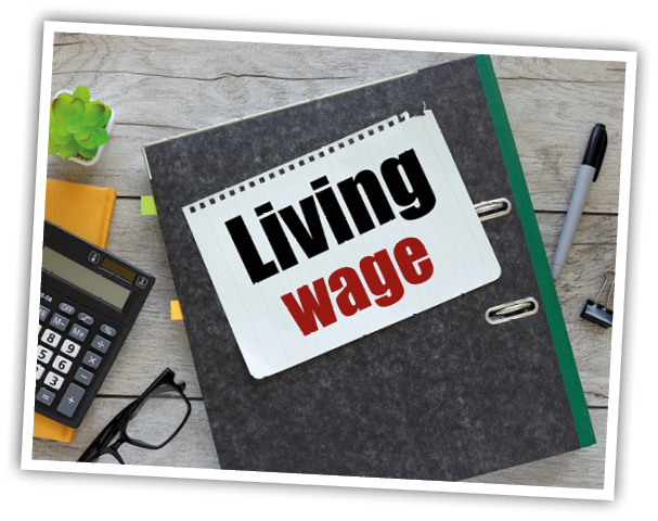 folder notebook. text on the page Living Wage