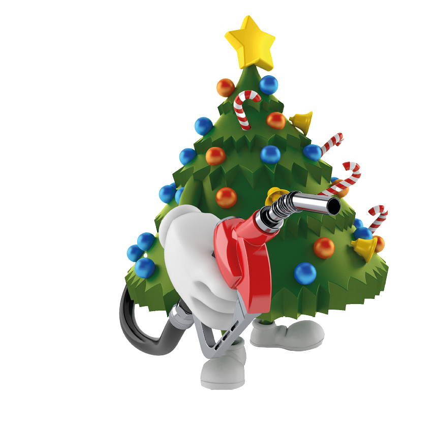Christmas tree character holding gasoline nozzle isolated on white background. 3d illustration