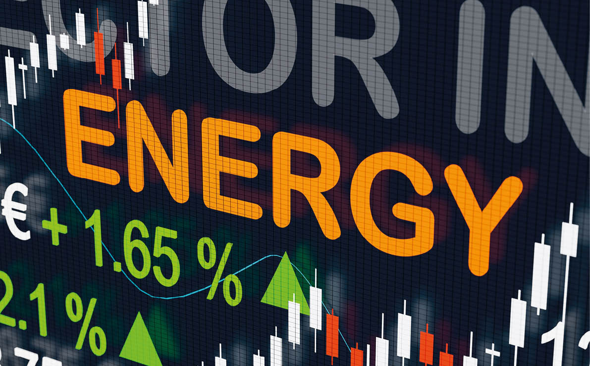 Stock Market Energy Index. Trading screen with a sector index for Energy, quotes, charts and changes. Stock exchange, sub index concept, 3D illustration.