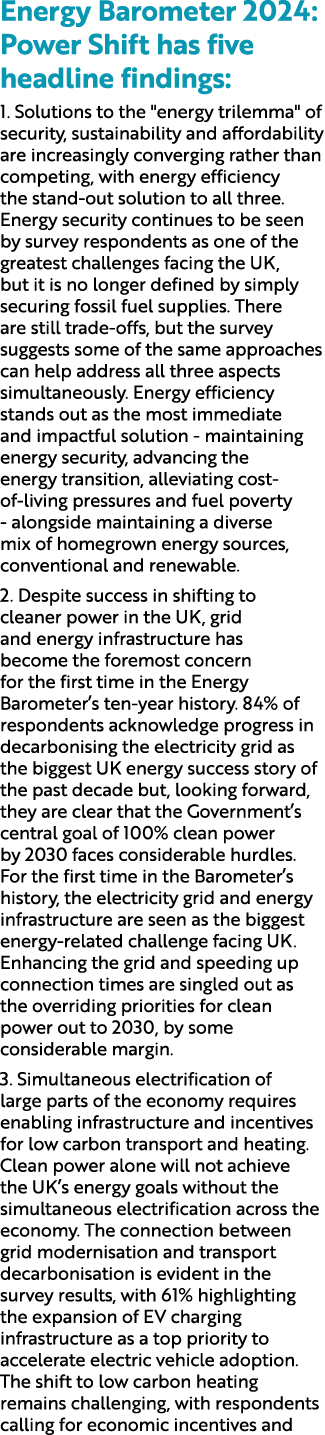 Energy Barometer 2024: Power Shift has five headline findings: 1. Solutions to the \“energy trilemma\" of security, s...