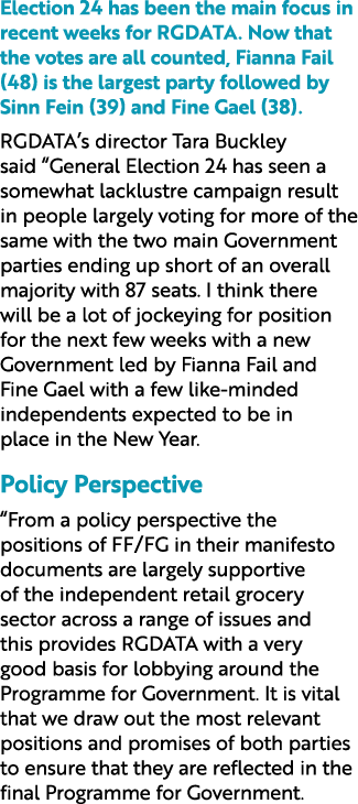 Election 24 has been the main focus in recent weeks for RGDATA. Now that the votes are all counted, Fianna Fail (48) ...