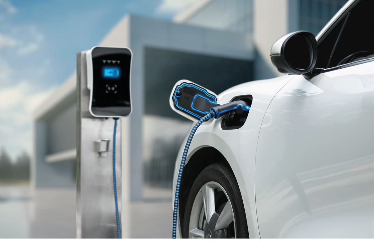 Innovative electric car connected to charging station with future architecture building background. Technological advancement rechargeable EV car using alternative clean and sustainable energy. Peruse