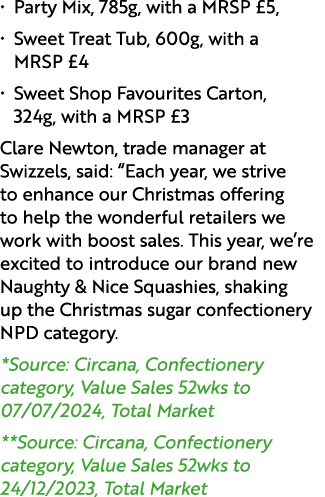 • Party Mix, 785g, with a MRSP £5, • Sweet Treat Tub, 600g, with a MRSP £4 • Sweet Shop Favourites Carton, 324g, with...