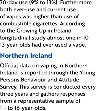 30 day use (9% to 13%). Furthermore, both ever use and current use of vapes was higher than use of combustible cigare...