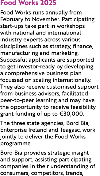 Food Works 2025 Food Works runs annually from February to November. Participating start ups take part in workshops wi...